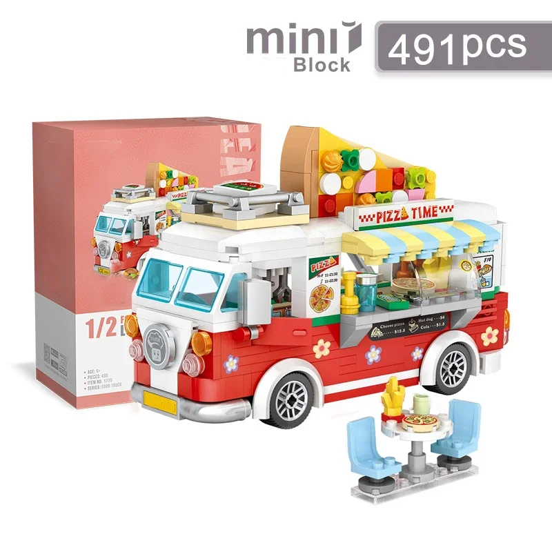 Mini Pizza Car Building Block Set DIY Creative Car Sales Store Model Assembled Ornaments for Adults and Children Toy Gifts