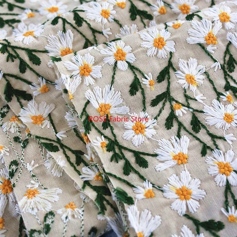 3D Daisy Flower Embroidery Cotton Linen Fabric For Cheongsam, performance costumes, fashion, sofa pillows, cushions DIY fabrics