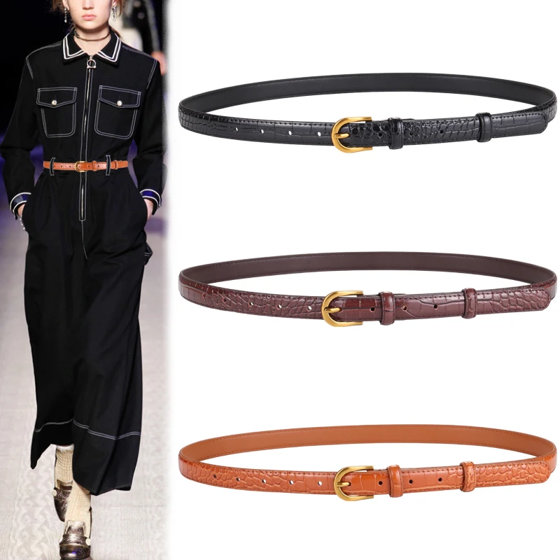 

Fashion Women's Skinny Alligator Embossed Leather Casual Dress Belt Metal Buckle Matching Jeans Luxury Design