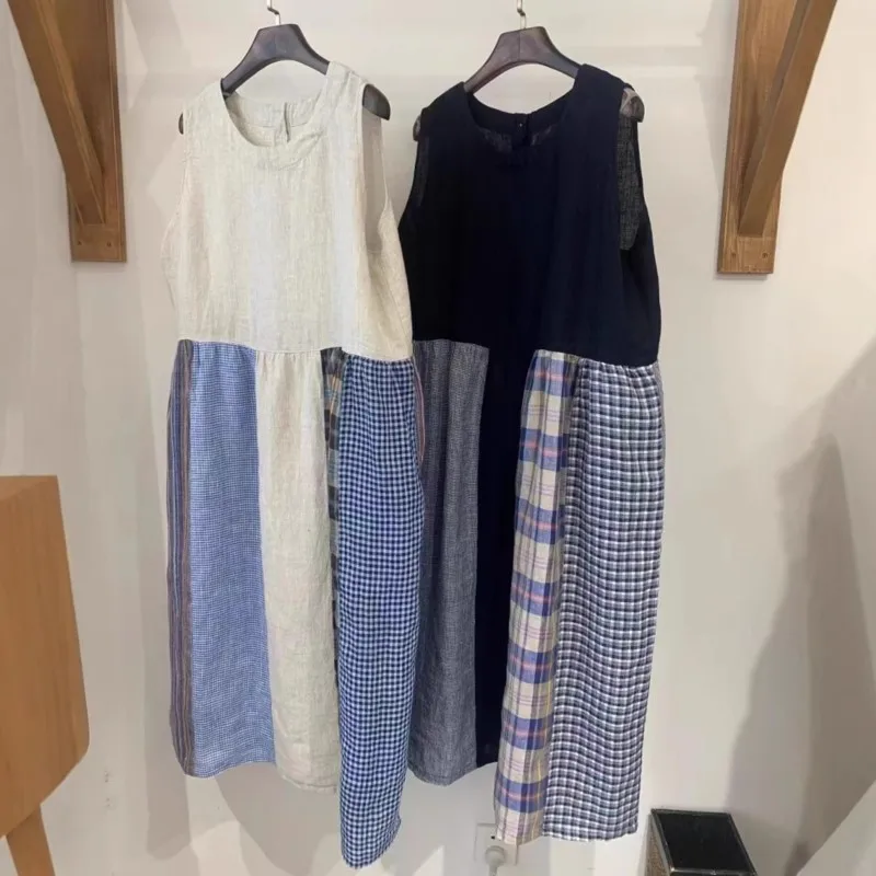 

Johnature Summer New Vintage Patchwork Contrasting Plaid Linen Vest Women Dresses Japanese Vintage Loose Forest Sleeveless Dress