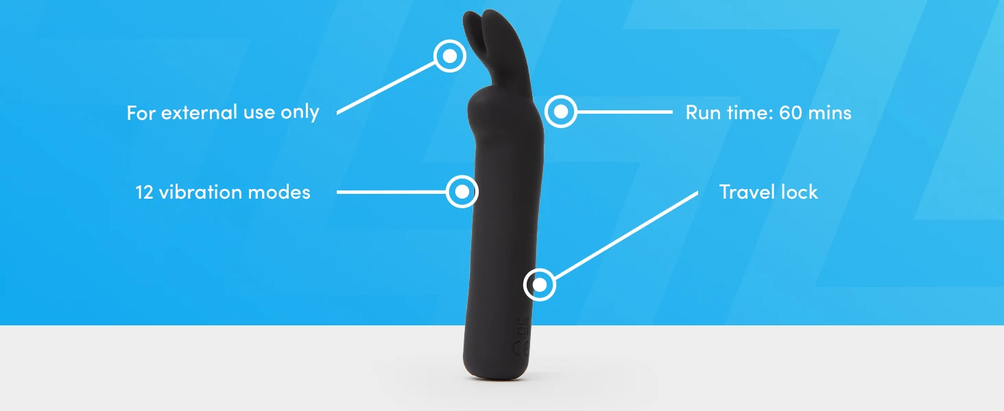 Black silicone personal massager with 12 vibration modes, 60-minute run time, travel lock, and external use only specification on blue background.
