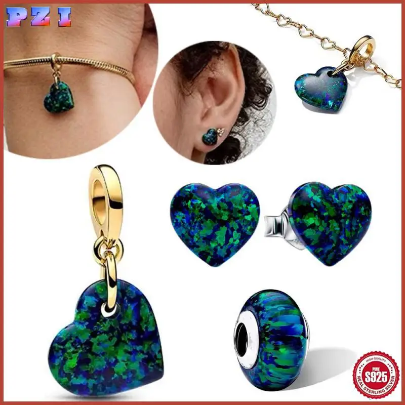 

S925 Sterling Silver Blue Green Illusion Heart Series Charm Fit Pandora Women's Bracelet Necklace Earrings Diy Jewelry Gift