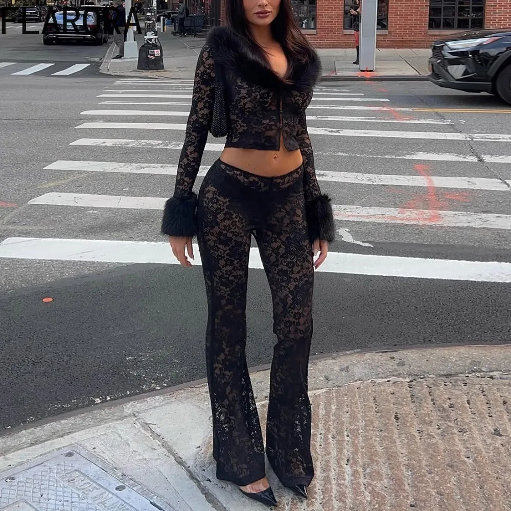 FLARORA مثير الدانتيل الفراء المرقعة 2 قطعة مجموعات امرأة الجاكار الخامس الرقبة زر واحد سترات ضئيلة و مضيئة السراويل الدعاوى ملابس الحفلات