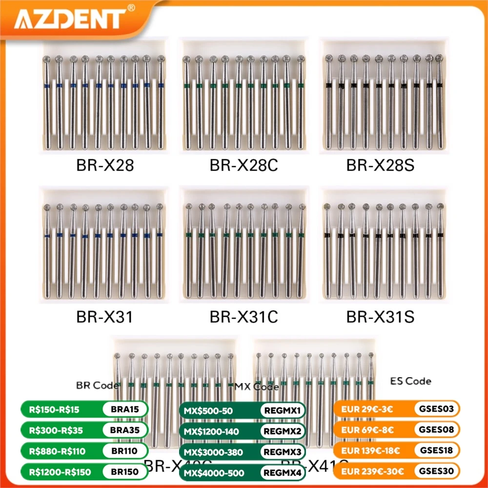 Fresa de diamante Dental de 1,6mm FG para pieza de mano de alta velocidad, bola AZDENT, tipo redondo, velocidad 450,000r/min