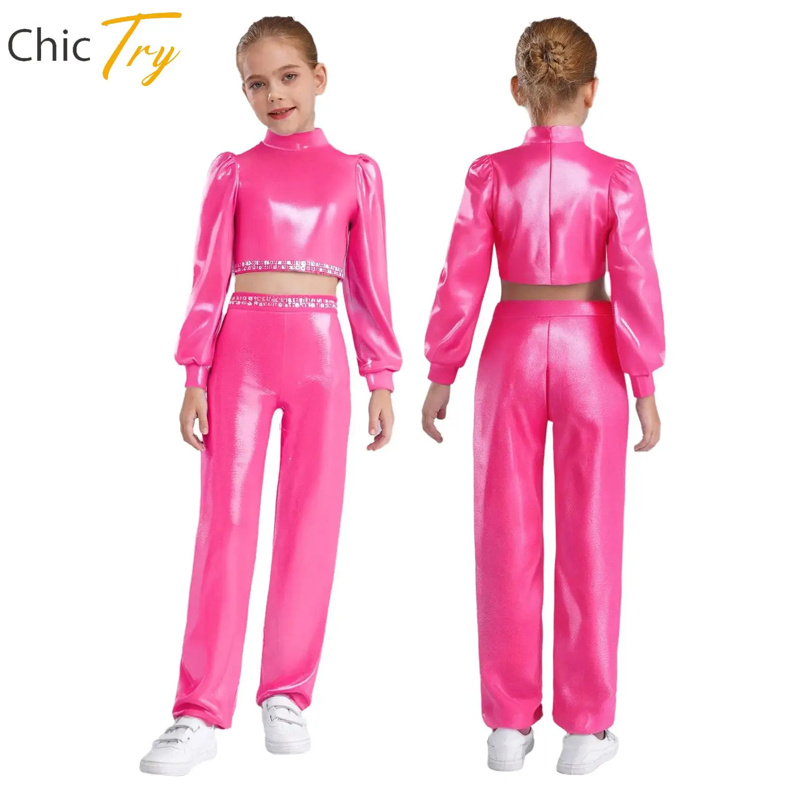 

Girls Jazz Street Dance Set Party Cheerleading Performance Costume Long Sleeves Rhinestones Crop Top with Pants Dancewear Outfit