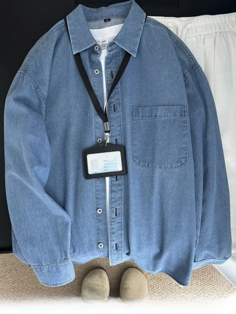 

Retro American Denim irt Men's Long Sve Loose Casual Spring New Sle Trendy Brand Haome Outerwear Cotton Polyester B...