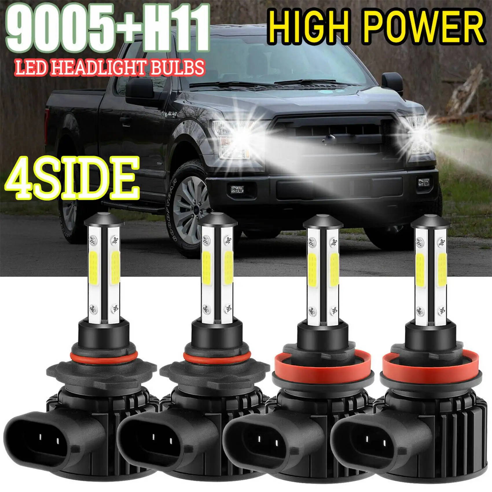 4Pcs Combo 9005+H11 672000LM Combo 4-Side LED Headlight Kits High Low Beam Bulb 6000K White