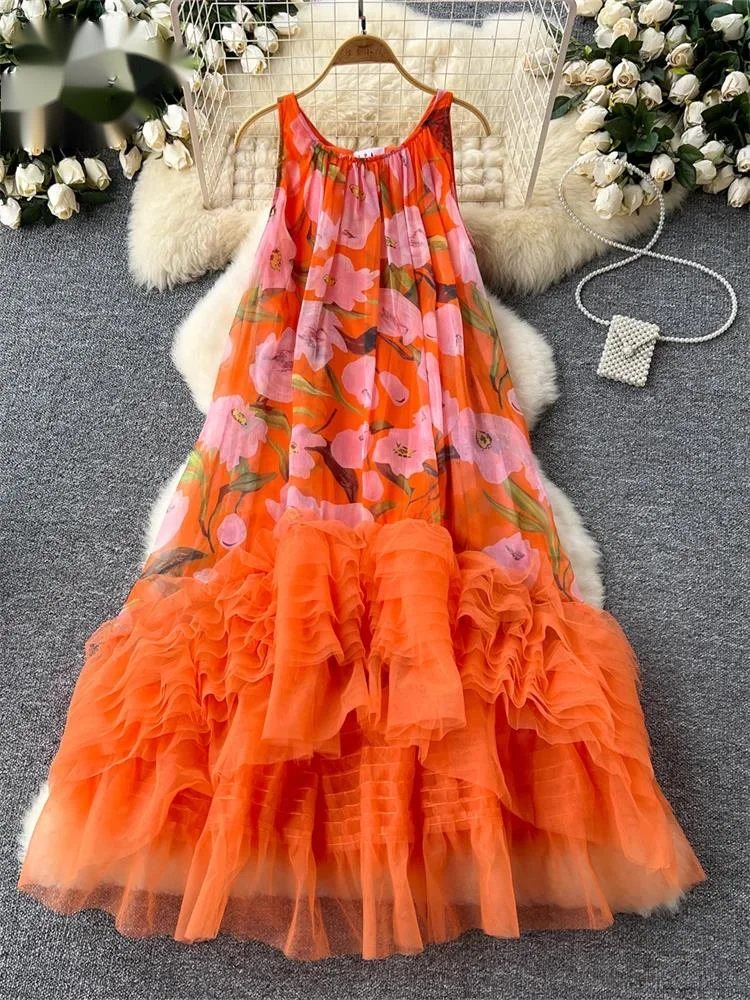 

Французское винтажное платье с принтом, женское платье с круглым вырезом на бретельках, сетчатое платье с нерегулярными оборками, пляжное модное бальное платье, платья