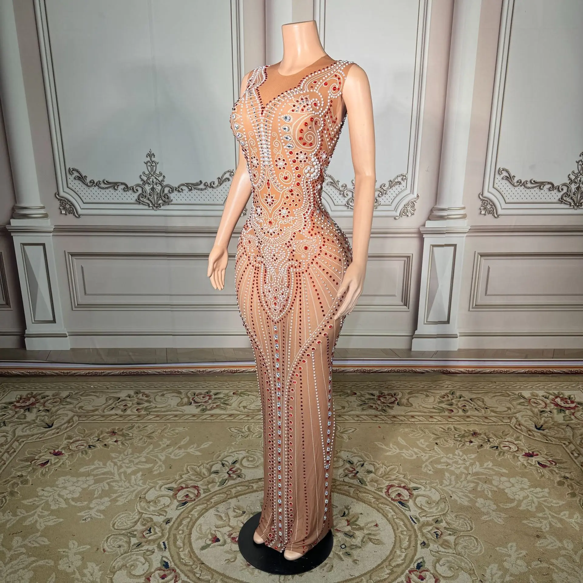 

2026 Fashion Women's Net Silk Sheer Embroidered Diamond Evening Dress for Bar Party Banquet Wedding