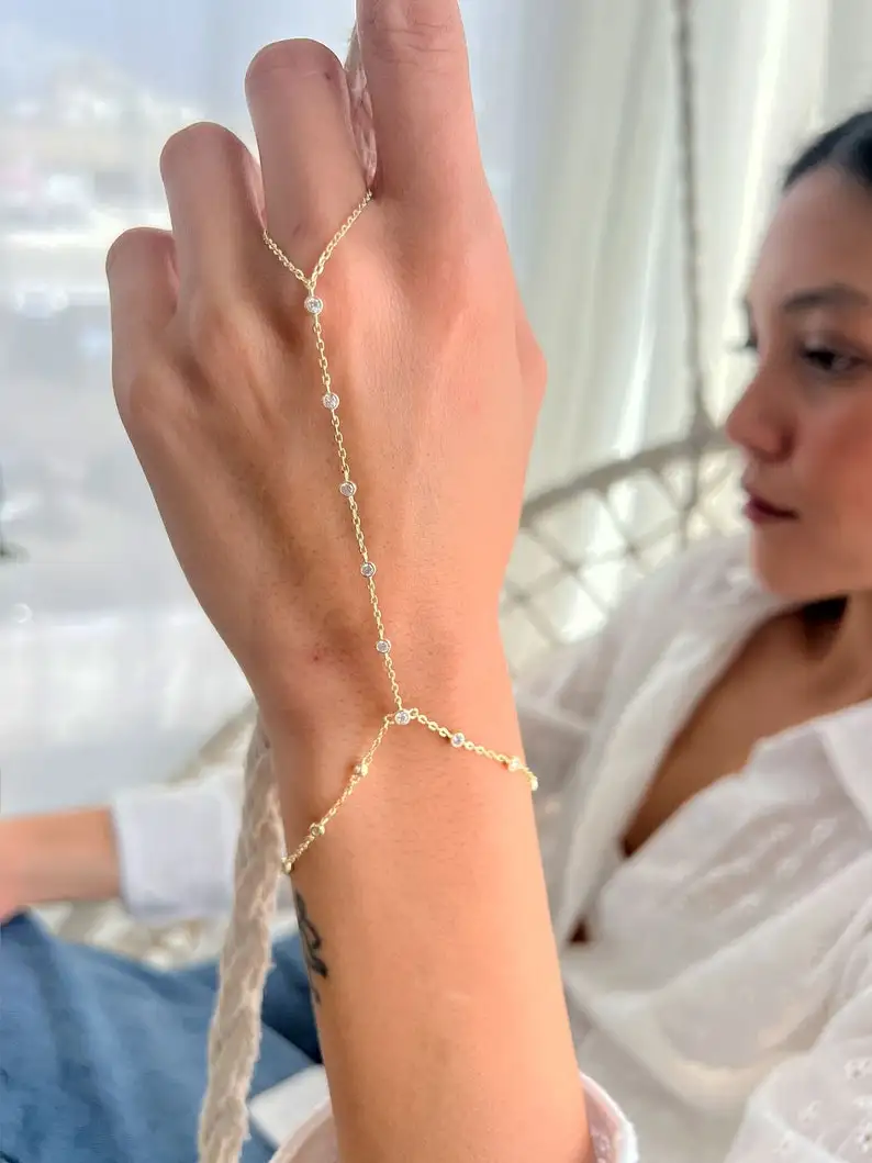 925 Hand Bracelet, CZ Finger Bracelet, Sterling Silver Back Hand Bracelet, Slave Bracelet Ring, Rose Gold Hand Chain Bracelet