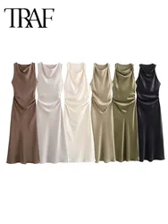 TRAF Satin Long Dresses for Women 2024 Summer Slip Midi Dress Woman Sexy Evening Party Dress Sleeveless Female Elegant Dresses