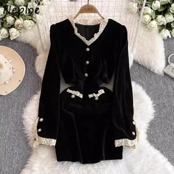 Neploe Black Fake Two Piece V-Neck Dress Femme 2024 Autumn Winter French Hepburn Fragrant Style Elegant Vintage Corduroy Vestido