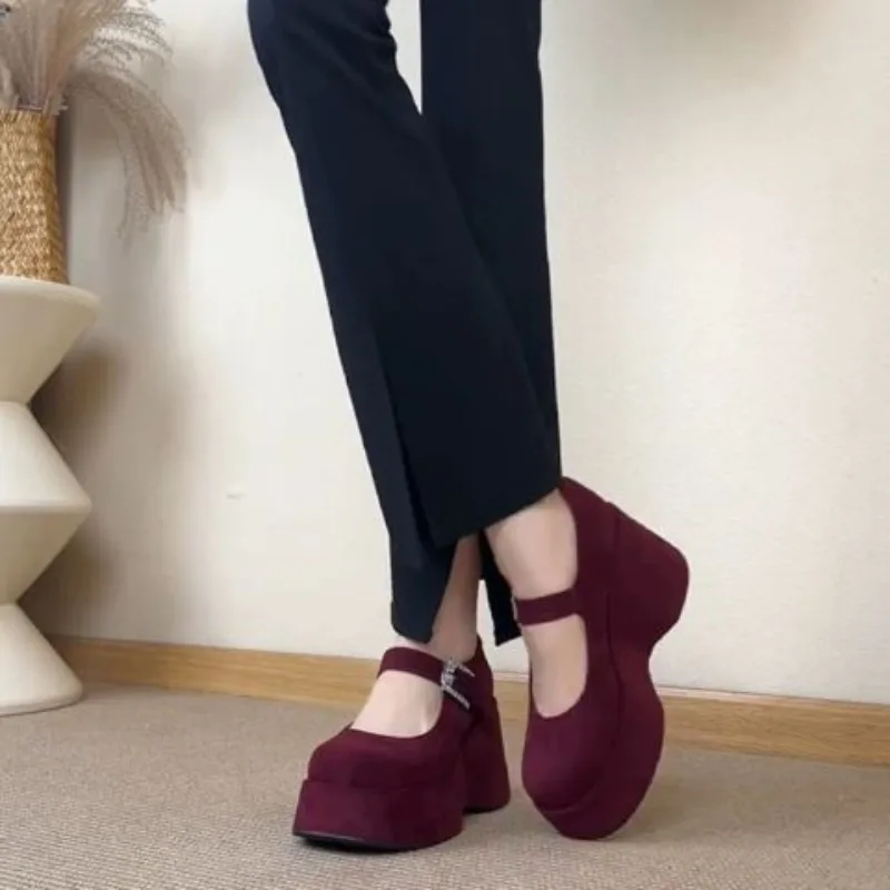 Thick Platform Mary Jane Shoes Women Wedges Bottom Sandals 2026 New Trend Dress Pumps Shallow Mouth Elegant Suede Footwear，35-40 view 2