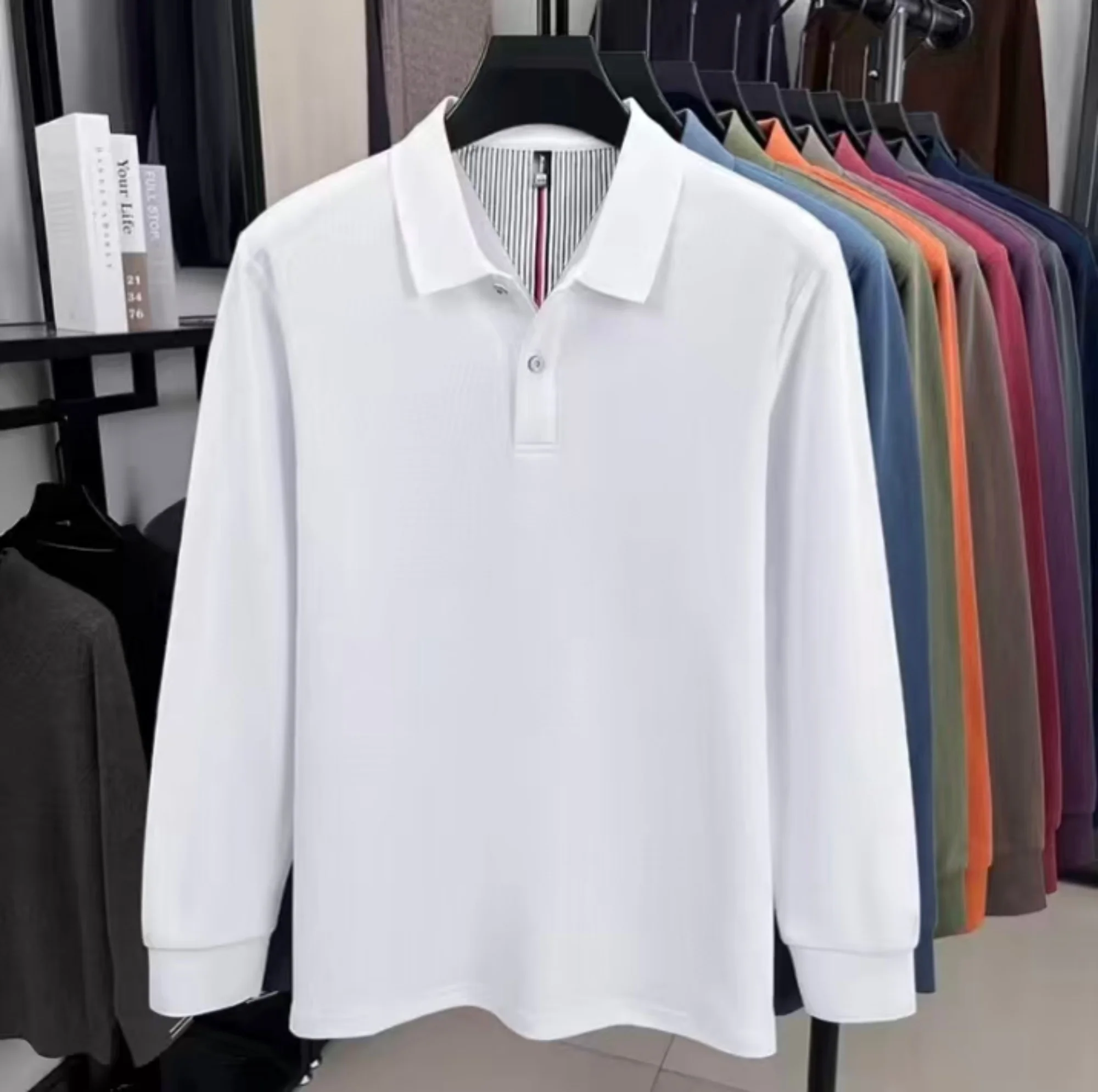 Hochwertiges Herren-Poloshirt aus reiner Baumwolle mit langen Ärmeln, exquisitem Luxuskragen, atmungsaktivem Komfortstoff, vielseitig für den Alltag geeignet. – Detail 5