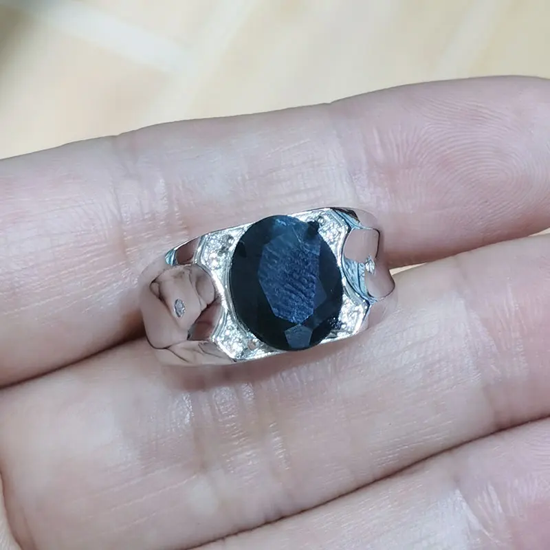 925 Silver Blck Sapphire Ring for men Natural Sapphire Ring with Certificate 9mm*11mm Genuine Sapphire Jewelry with Certificate