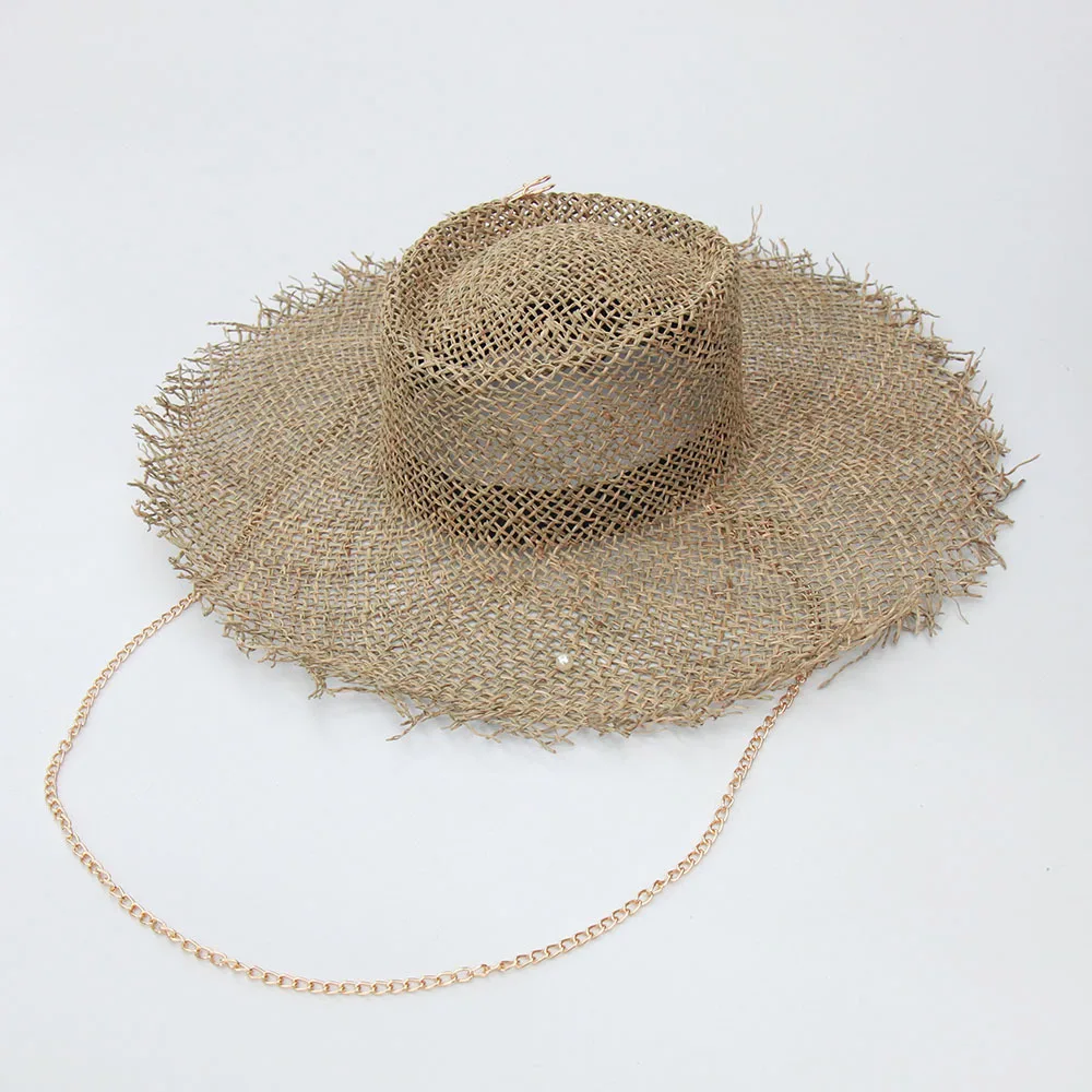 Women Fashion Chain Necklace Straw Hat Breathable Sun Beach Cap EU US Style