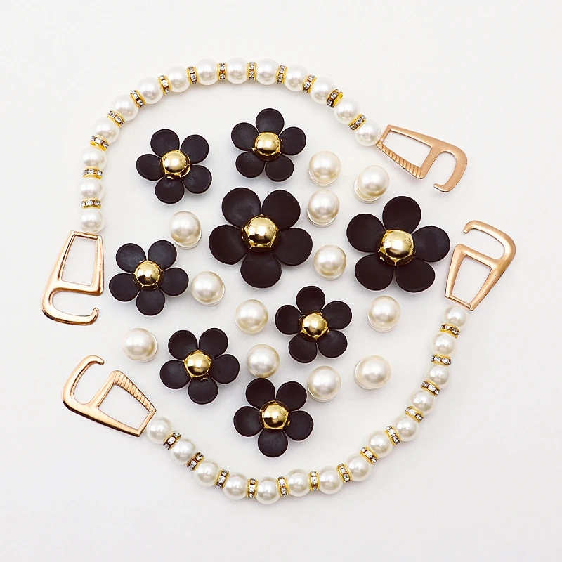 

1 Set Pearls Black Flowers Shoes Charms Sandals Charms Decoration Set for Kids and Women Hole Shoe Accessories