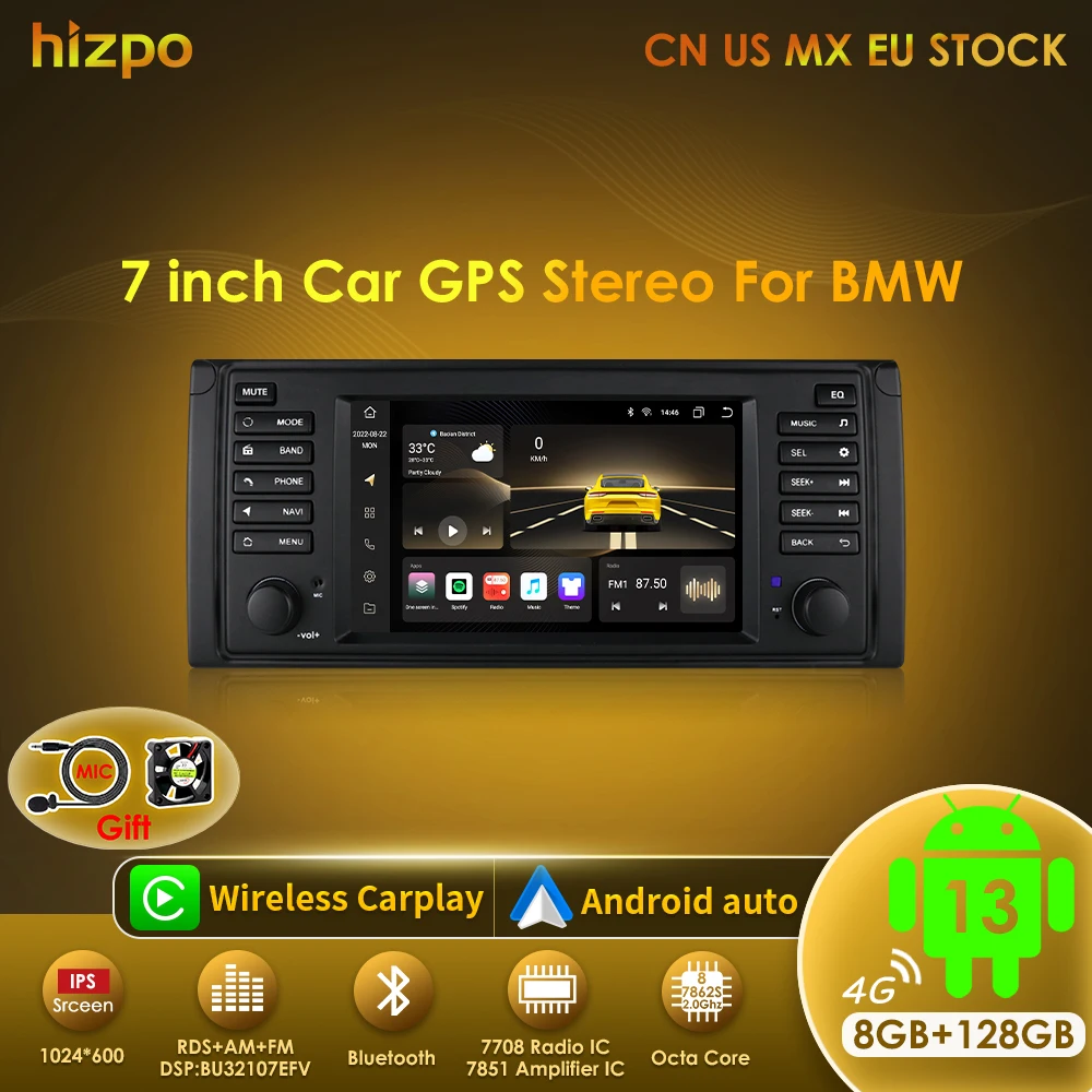 Hizpo Carplay 7 Inch Android 13 Car Radio Multimedia For BMW 5 Series E39 X5 E53 M5 1996-2003 Navigation Stereo RDS Stereo GPS