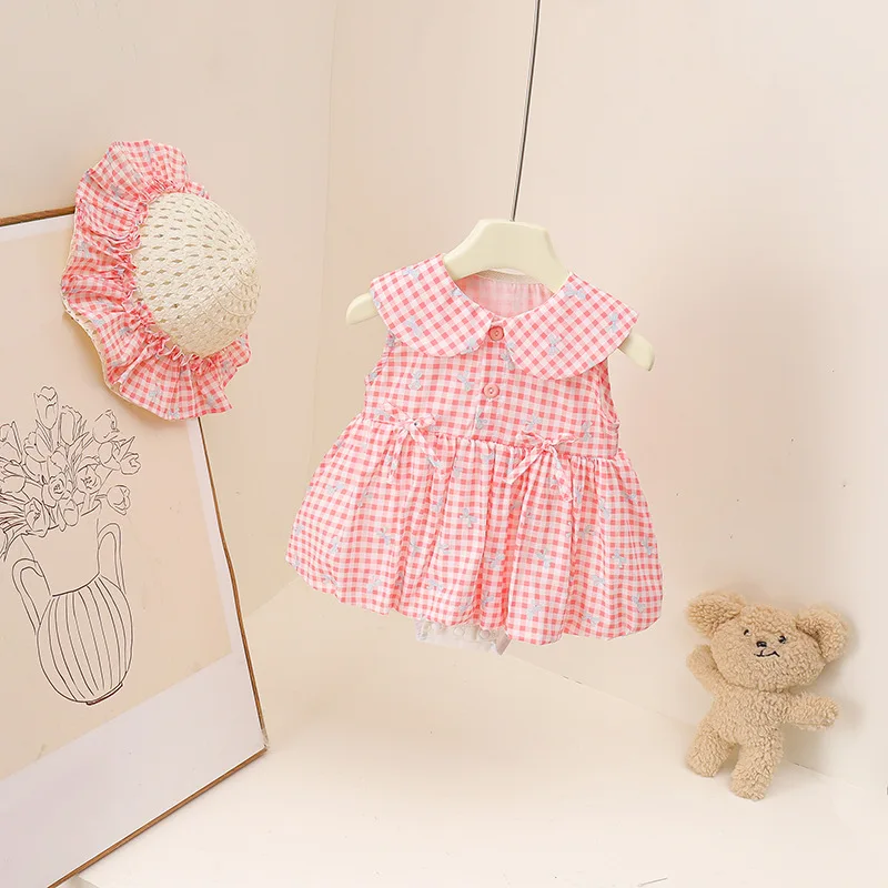 3M-3Y Sommer Süßer Stil Baby Bodysuit mit Schleife, Karomuster und Peter-Pan-Kragen, Einteiler für Mädchen, Baumwoll-Babystrampler mit Sonnenhut – Detail 3