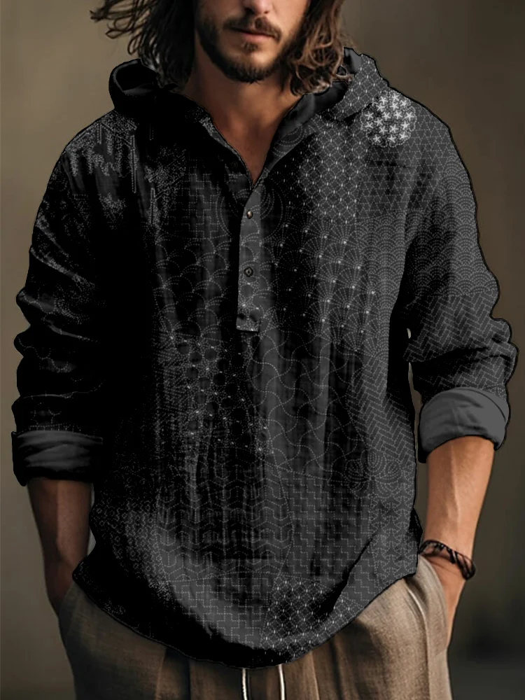 Men's Shirt Spring and Autumn Linen Fashion Casual Bamboo Hawaiian Style Printed Shirt Men's Top Long Sleeve Hooded Pullover