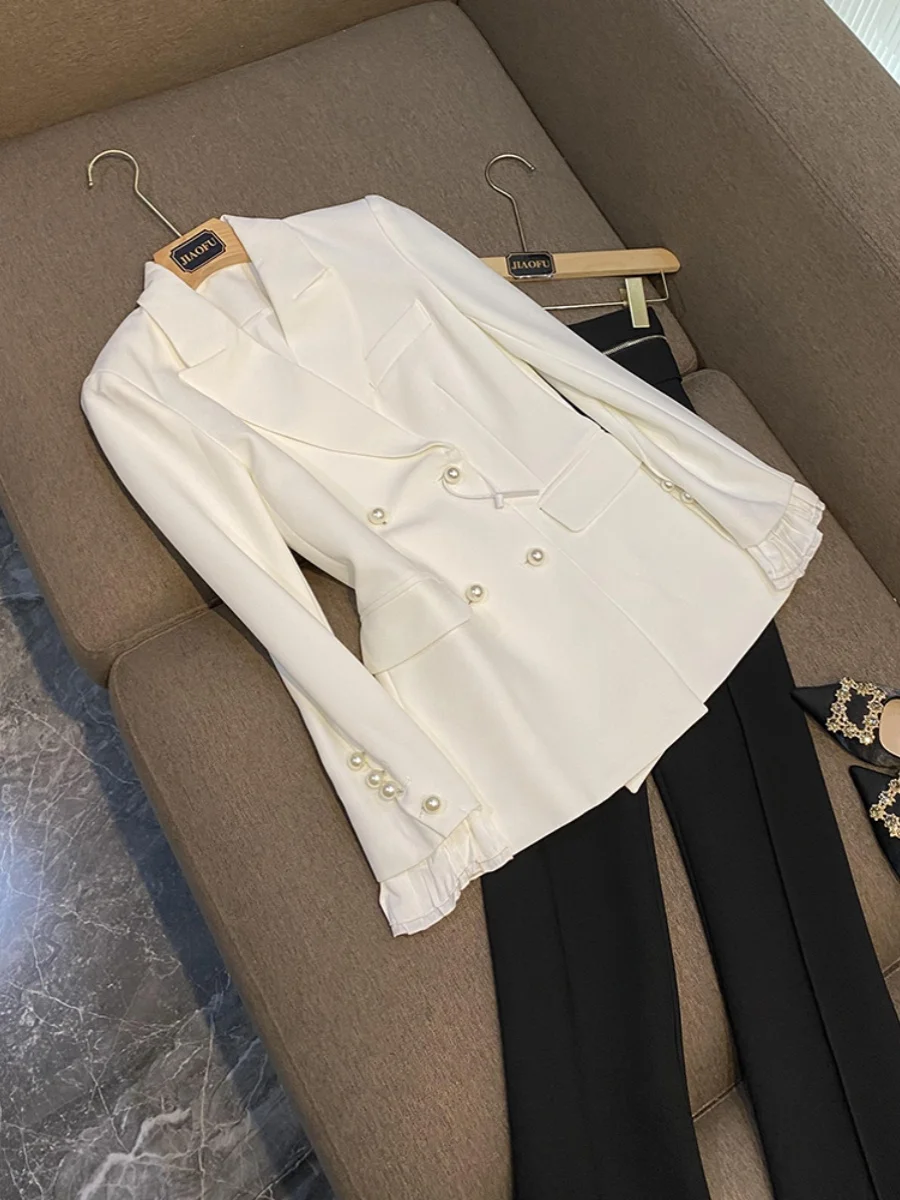 

Delicacy Frills Patchwork Designed Double-breasted Lady Office Formal Wear Long Sleeve Women Solid Slim Fitted Blazer