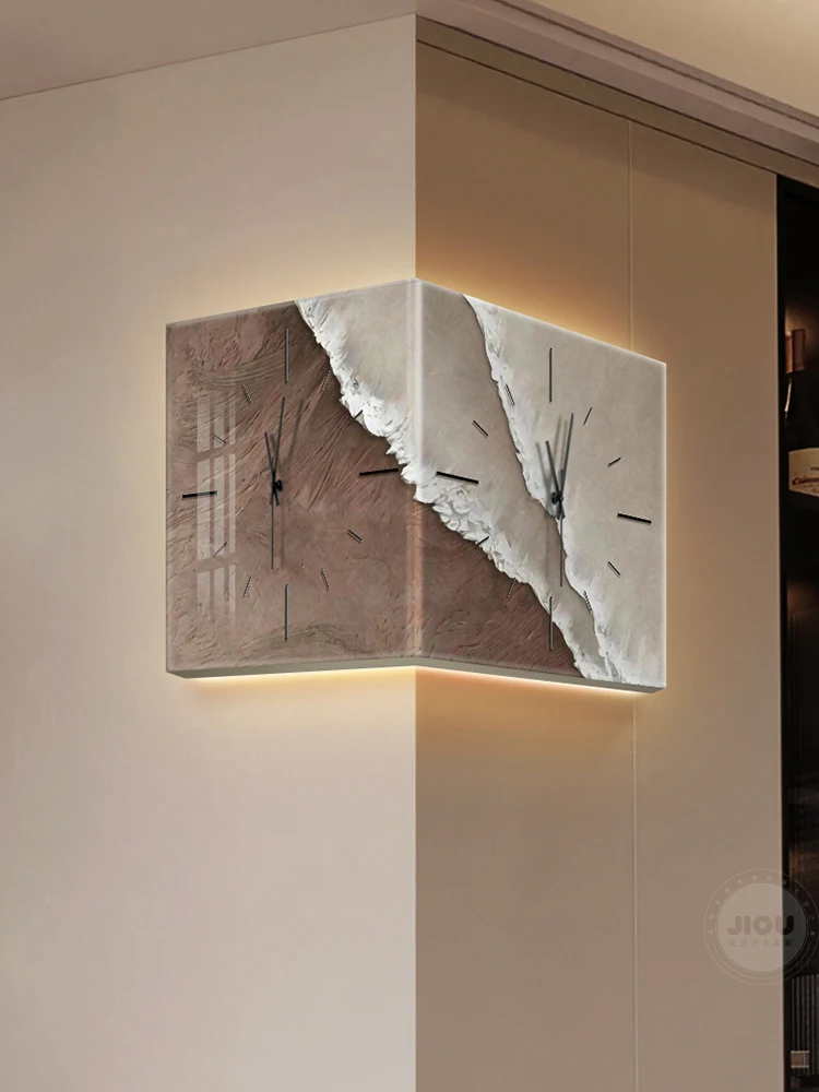 Minimalist with clock mural porch corner wall clock mural luminous living room wabi-sabi wind wave corner clock hanging painting image 2