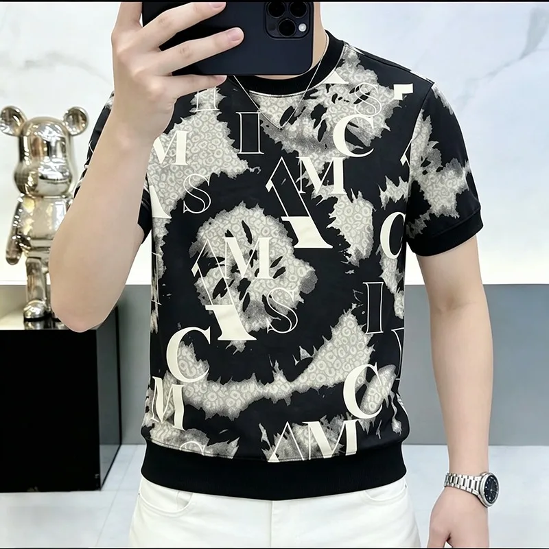Summer Ice Silk Breathable Short Sleeved T-shirt for Men Fashion Elastic Mesh Casual T-shirts Social Streetwear Tee Men Clothing