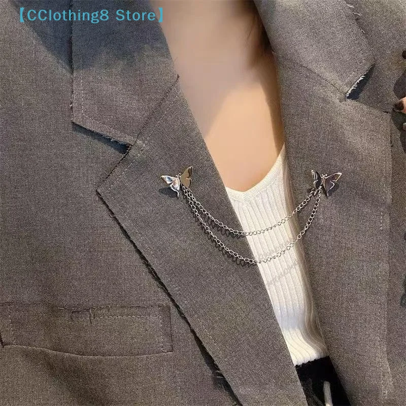 Punk Butterfly Chain Tassel Brooches Lapel Pin For Women Men Hip Hop Metal Suit Clip Cool Clothing Korean Accessories【AliS8】