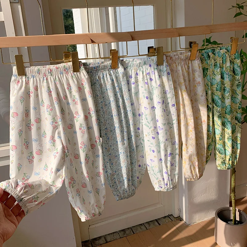 2026 Summer Thin Elastic Waist Floral Pattern Cotton Soft Glutinous Children's Mosquito Resistant Pants