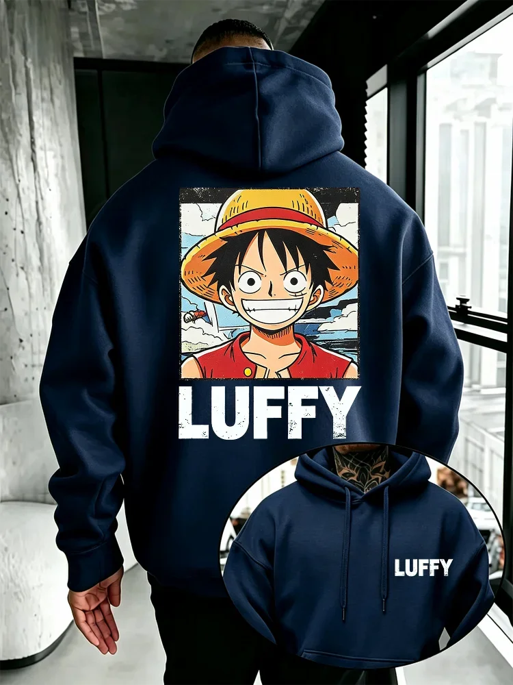 One Piece Monkey D. Luffy Hoodie mit Vorder- und Rückseiten-Print, Retro-Luffy-Porträt, Strohhut, Anime-Fan, lässiger Pullover mit Kapuze – Detail 9