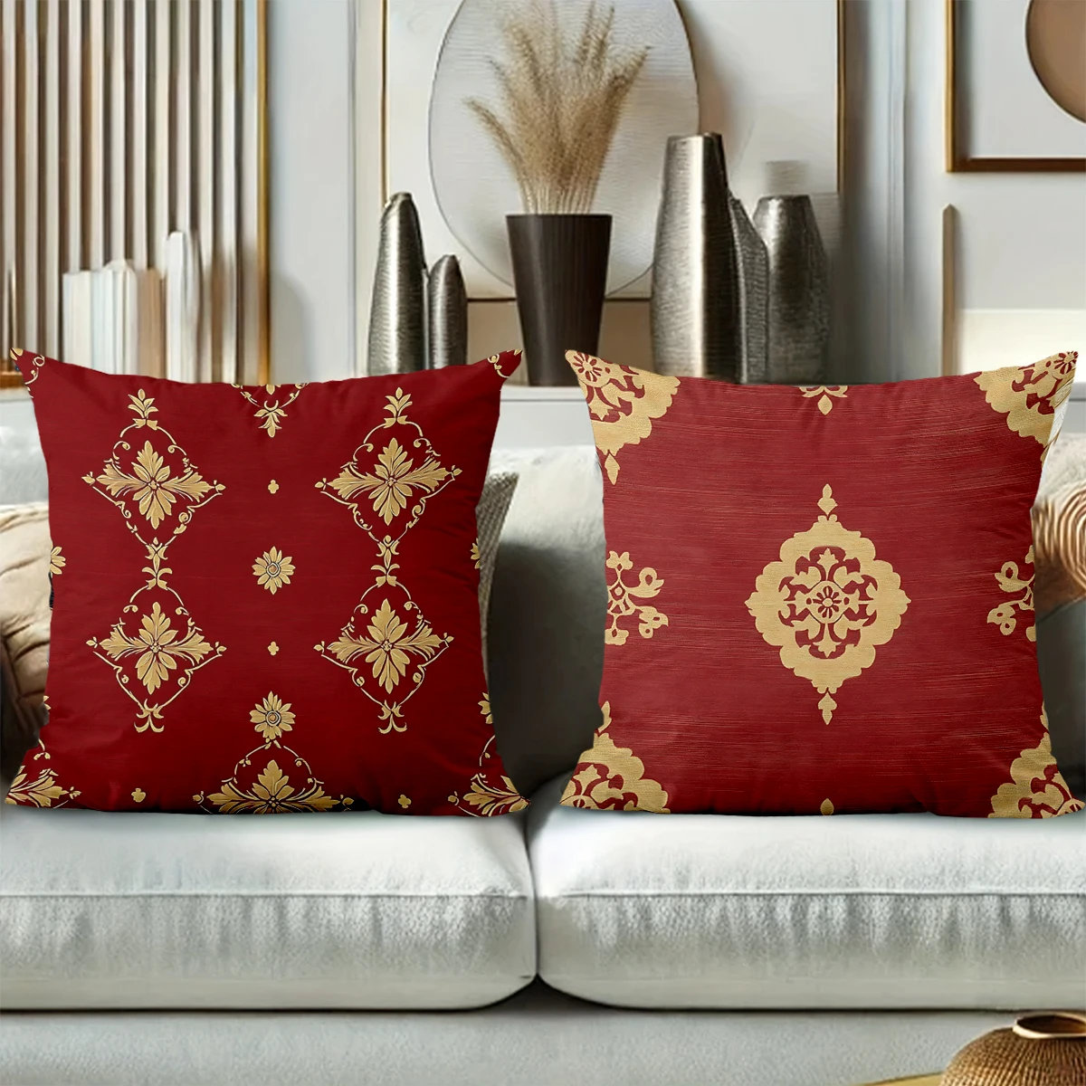 Red Throw Pillows With Gold Floral Ornamental Patterns Short Plush Pillowcase Sofa Decorative Cushion Cover Headboard Pillow
