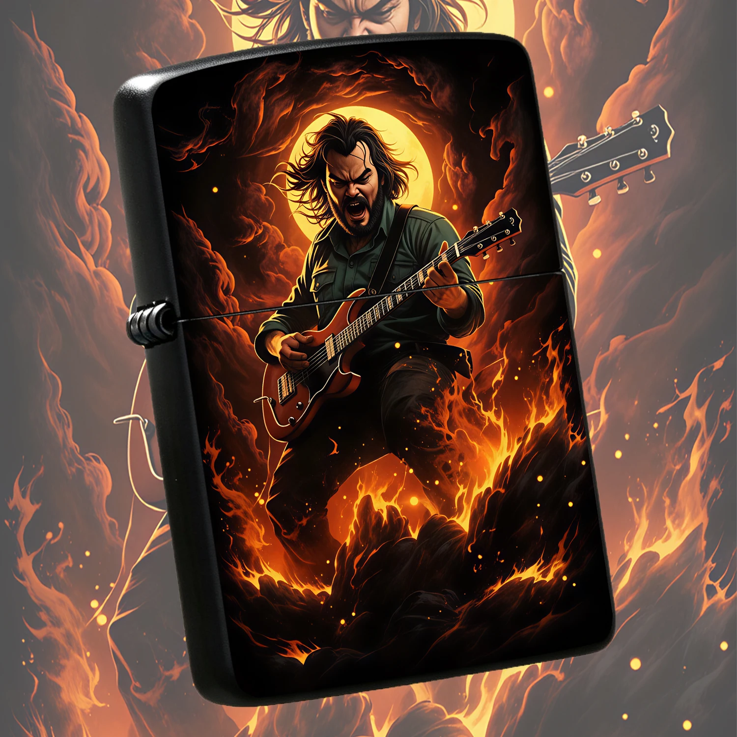 Rock Flame Guitarist Themed Portable Lighter, Edgy Passionate Music Art Trendy Peripheral, Stylish Practical Item For Daily Use, Outdoor Camping, Lighting Candles And Incense, Ideal Unique Gift For Rock Fans, Collectible Versatile Accessory