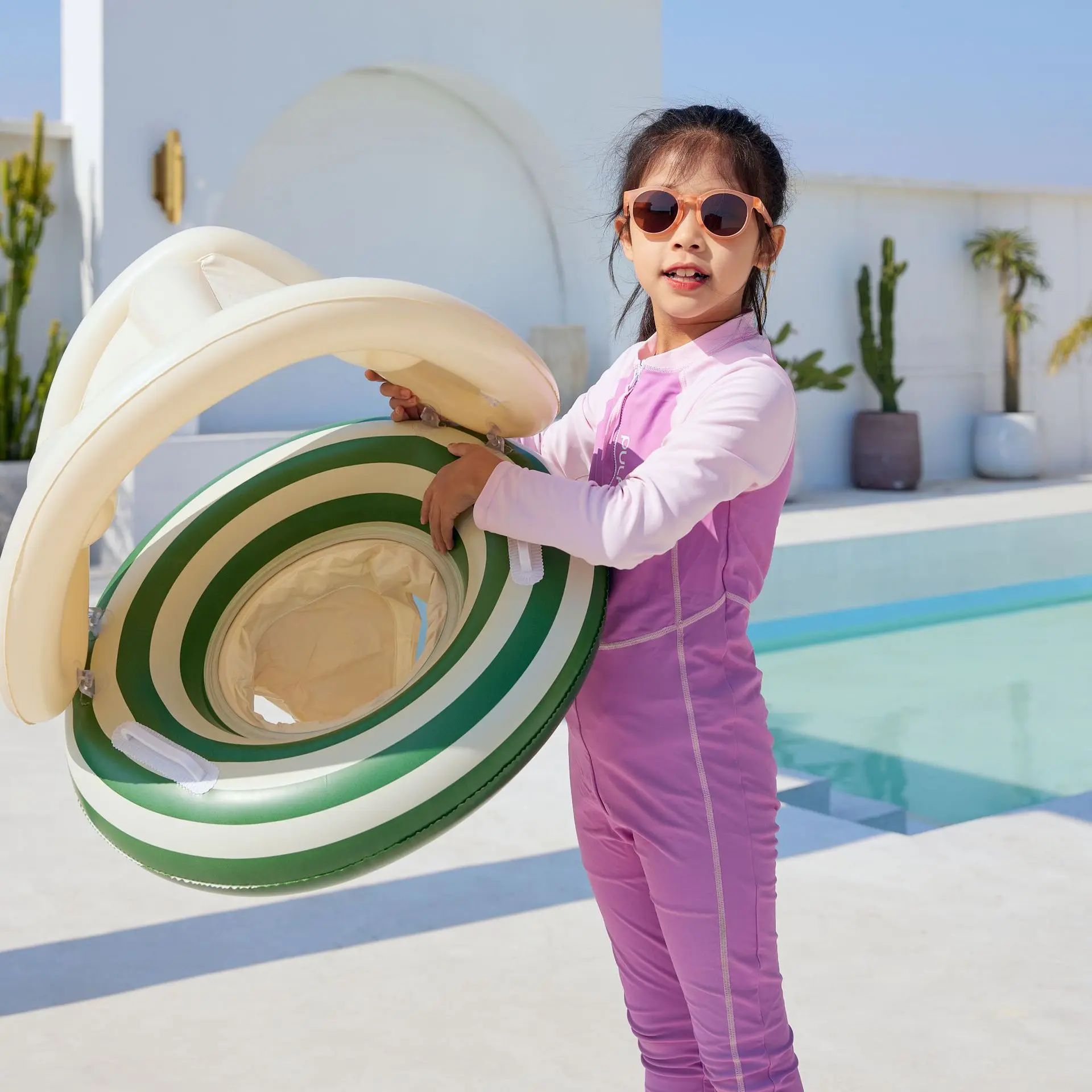 حلقة سباحة مصاصة مع مظلة قابلة للإزالة للأطفال، مقعد سباحة قابل للنفخ، لعبة مائية على شكل أنبوب حمام السباحة #4