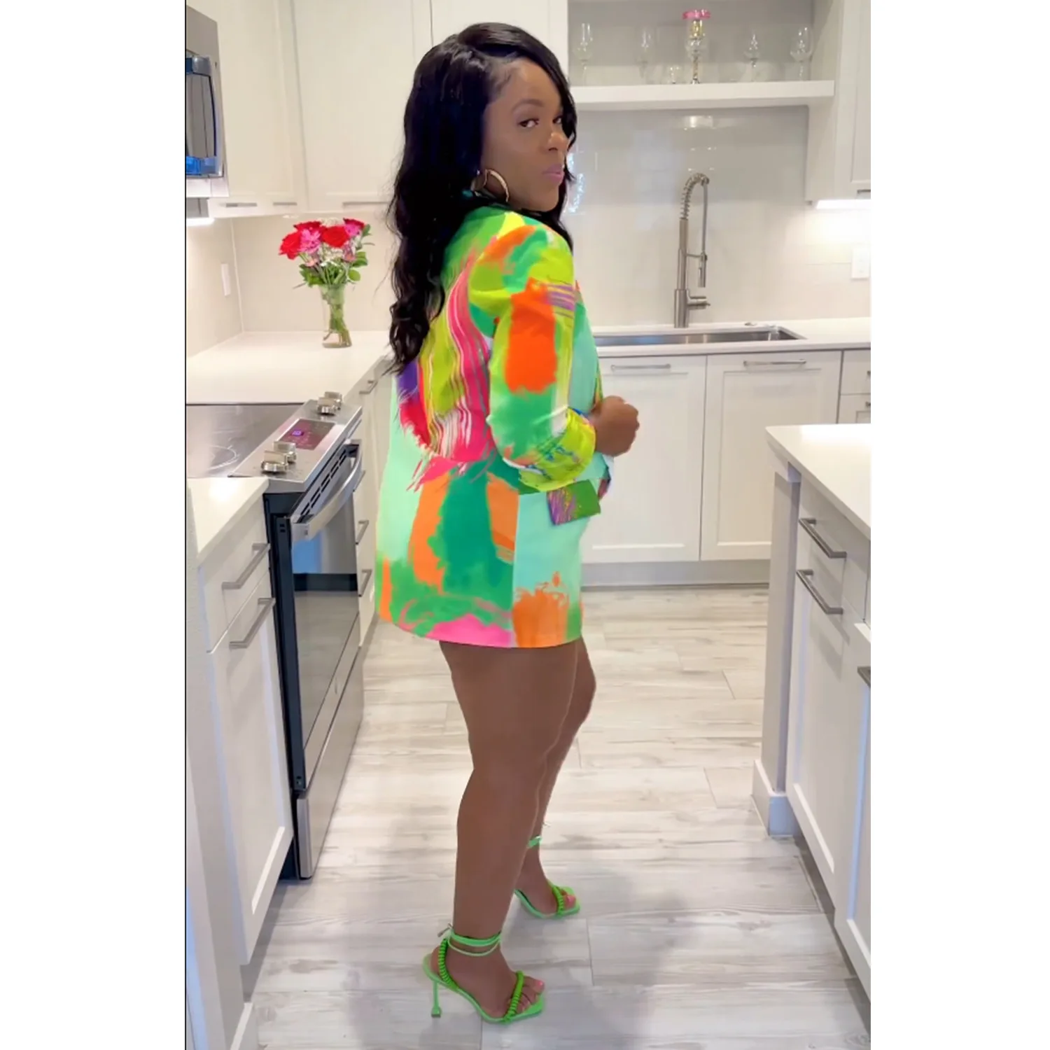 Women Graffiti Long Sleeve Open Front Blazers Jackets 2023 Casual Colorful Printed Lapel Collar Top Classic Office Blazers Suit