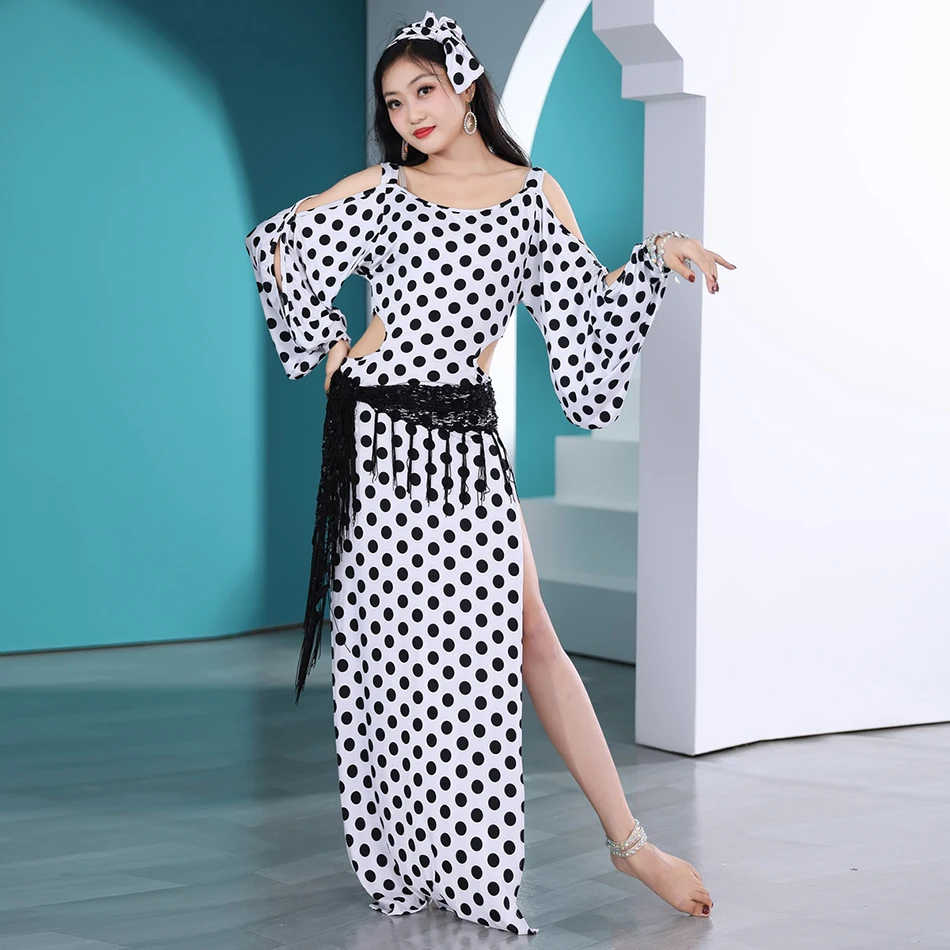 زي رقص شرقي نسائي ، رداء نسائي أبيض بنقط ، زي عرض فولكلوري ، زي تمرين رقص شرقي