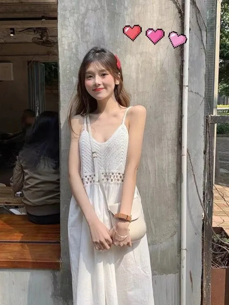 Weißes Kleid für Damen 2022, Vestidos De Mujer, V-Ausschnitt, ärmellos, lose Schlinge, Robe Femme, lose, aushöhlen, Sommer, süße Kleider