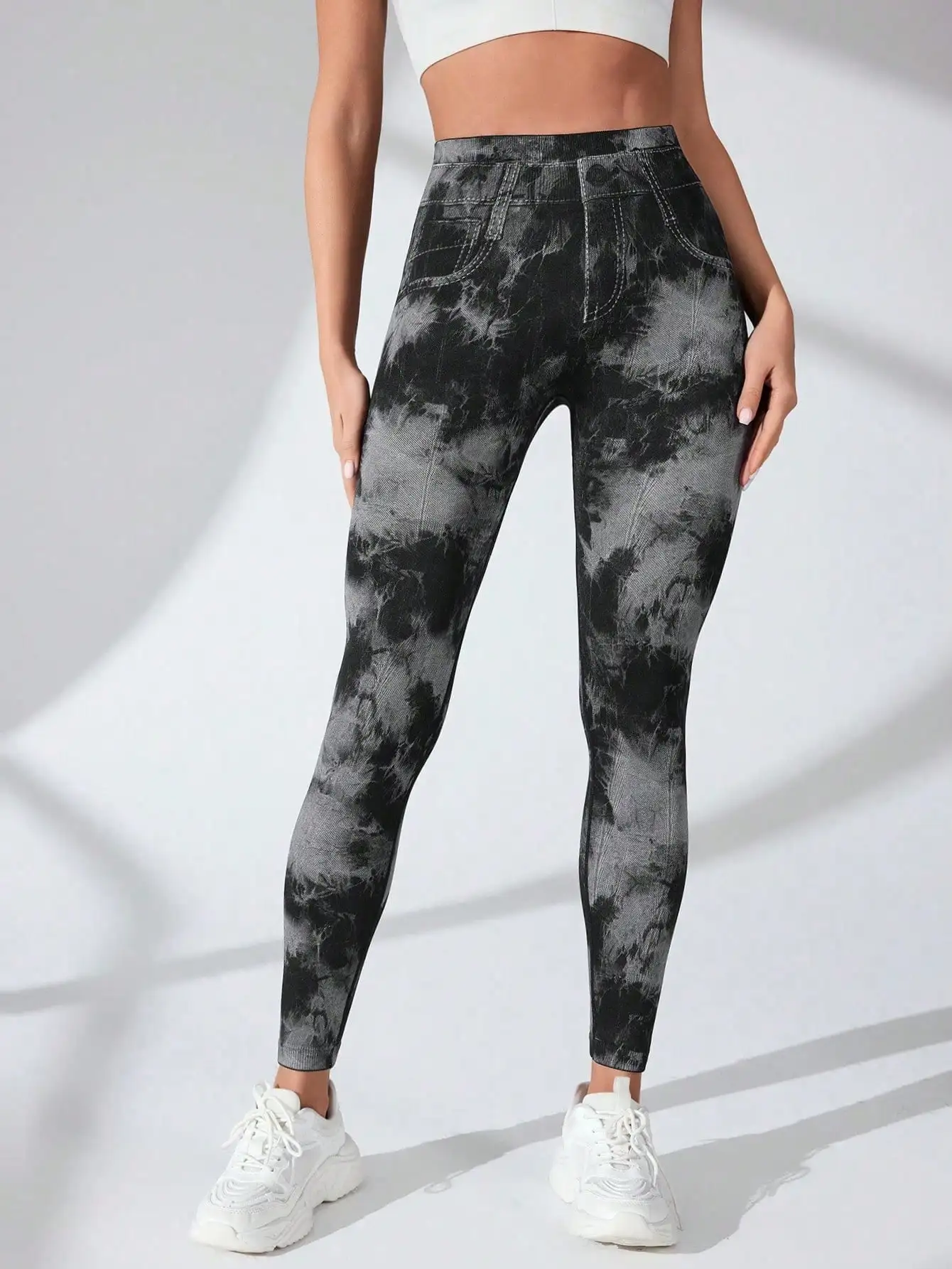 Women Tie Dye Yoga Leggings High Waist Fake Denim Pocket Butt Lifting Tummy Control Stretch Gym Workout Running Fitness Pants