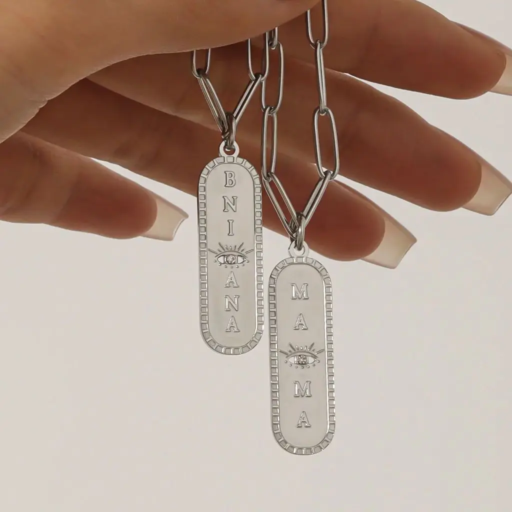 

Personalized Engraved Bar with Diamond Custom Name Jewelry Luxury Evil Eye Necklace Paper Clip Chain Mother's Day Gifts for Mama