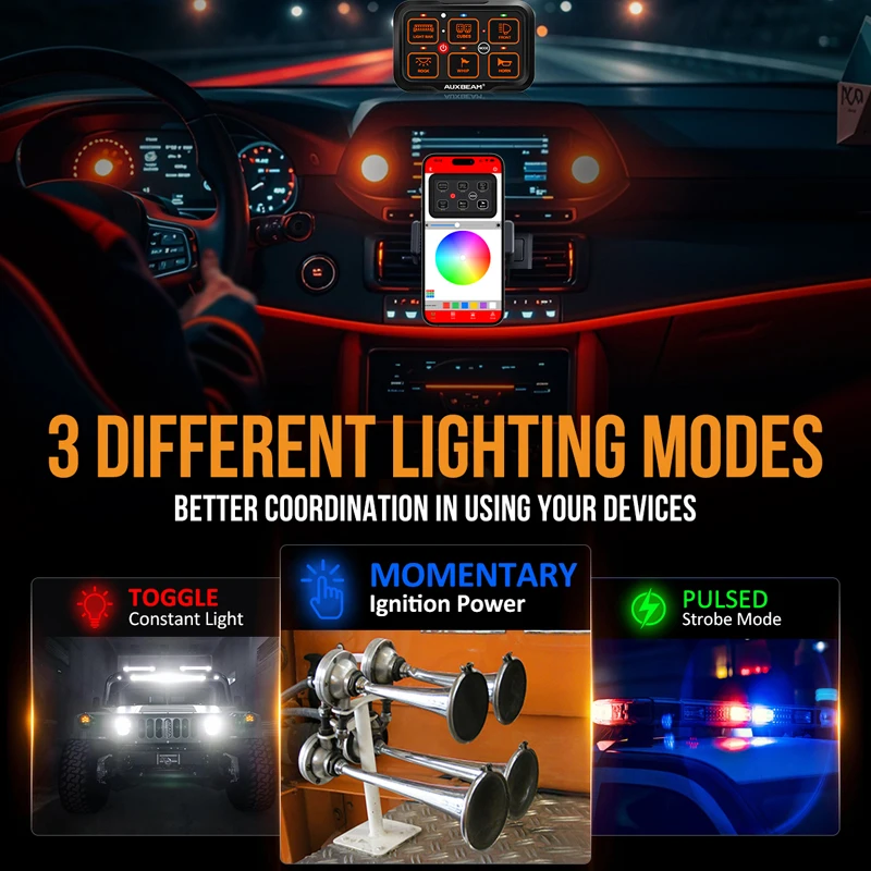 Universal 6 Gangs Switch Panel LED Backlight Slim Electronic Relay System AR-600 RGB Switch Panel For Car, SUV, Truck, Off-road