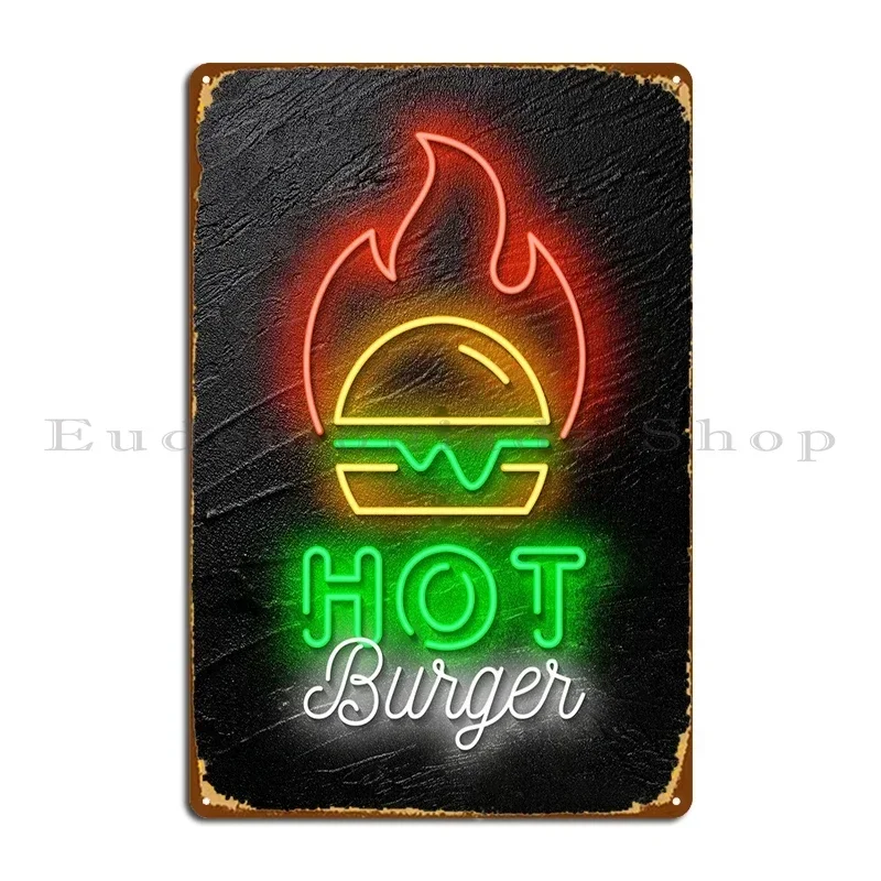 Hot Burger Neon Food Sign Metal Plaque Living Room Bar Cave Decoration Club Design  Tin Sign Poster