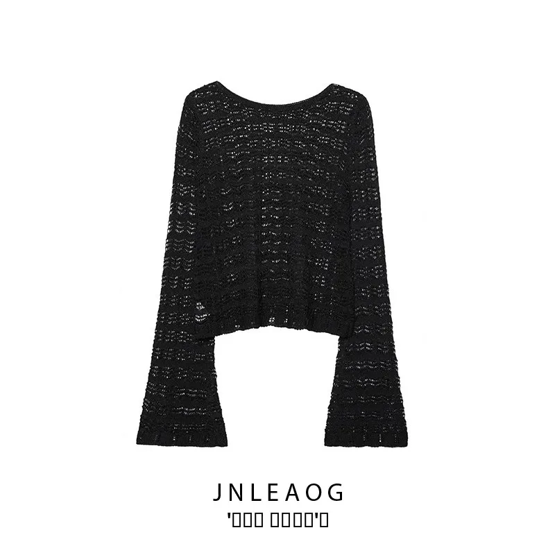 

JNLEAOG Новая осенняя женская вязаная укороченная кофта с вышивкой и сетчатыми вставками в европейском стиле, свободного кроя, с длинными рукавами и круглым вырезом
