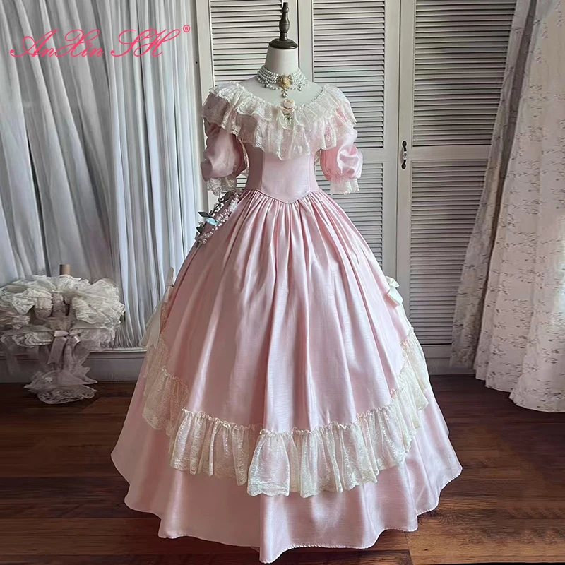 

AnXin SH princess pink satin white flower lace o neck short puff sleeve beading bow ball gown zipper customized wedding dress