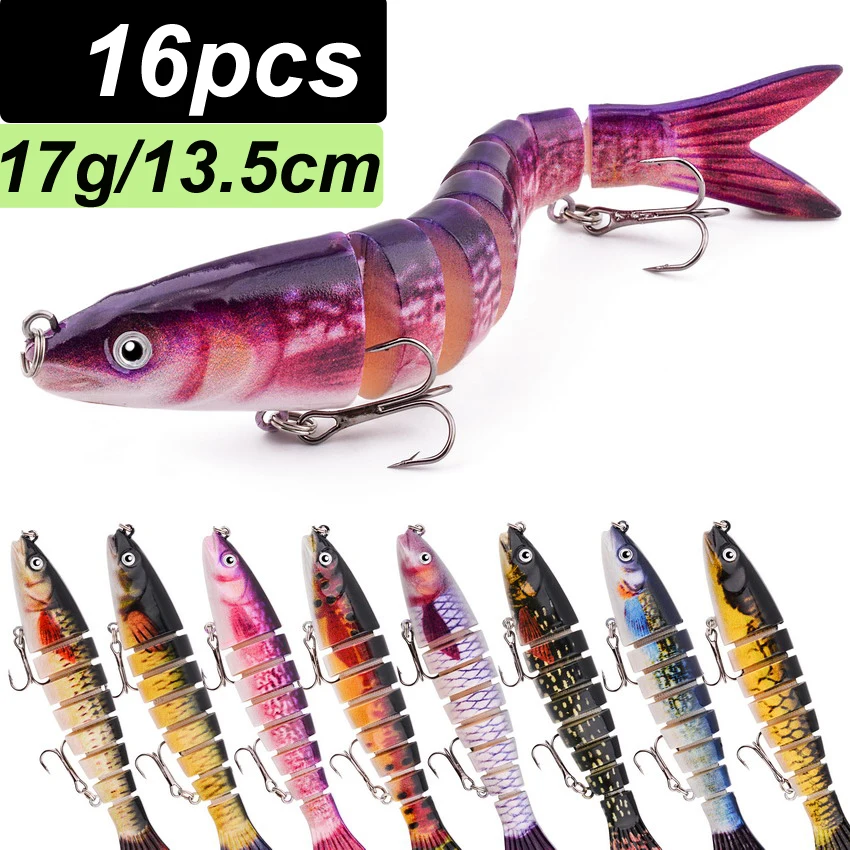 

16 шт., приманка для плавания, 17 г, многосоставные приманки, медленно тонущая бионическая рыба, плавание, песка, бас, тройной крючок, рыболовные снасти для карпа, жесткая приманка