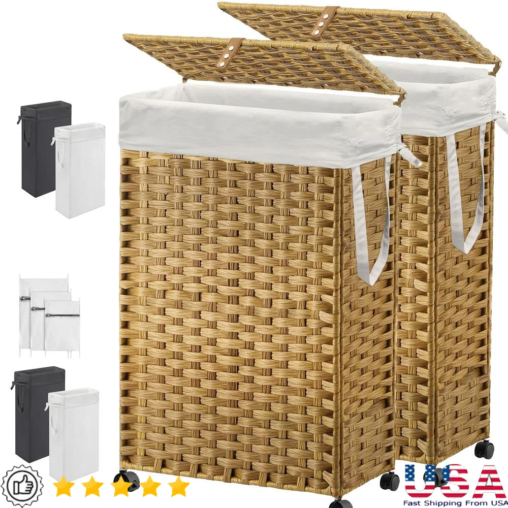 70L Slim Laundry Hamper with Lid & Wheels 2-Park Rolling Laundry Basket Removable Liner Bags Mesh Bags Narrow Dirty Steel Frame