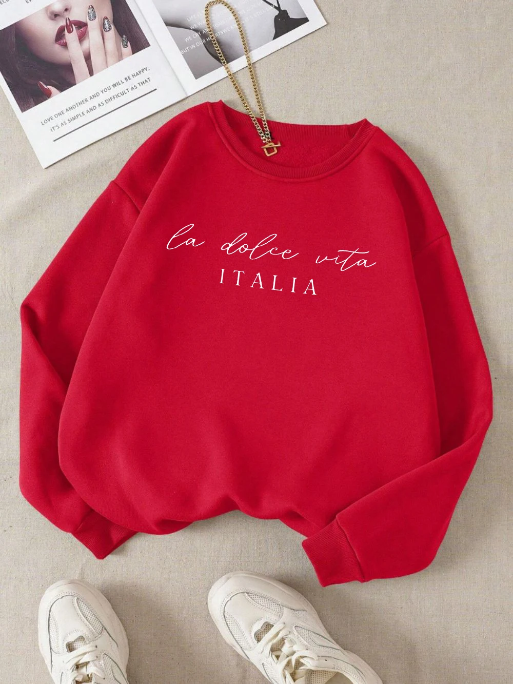 La Dolce Vita Italia bedrukt damessweatshirt ronde hals Y2K losse kleding veelkleurige casual trui fleece all-match top