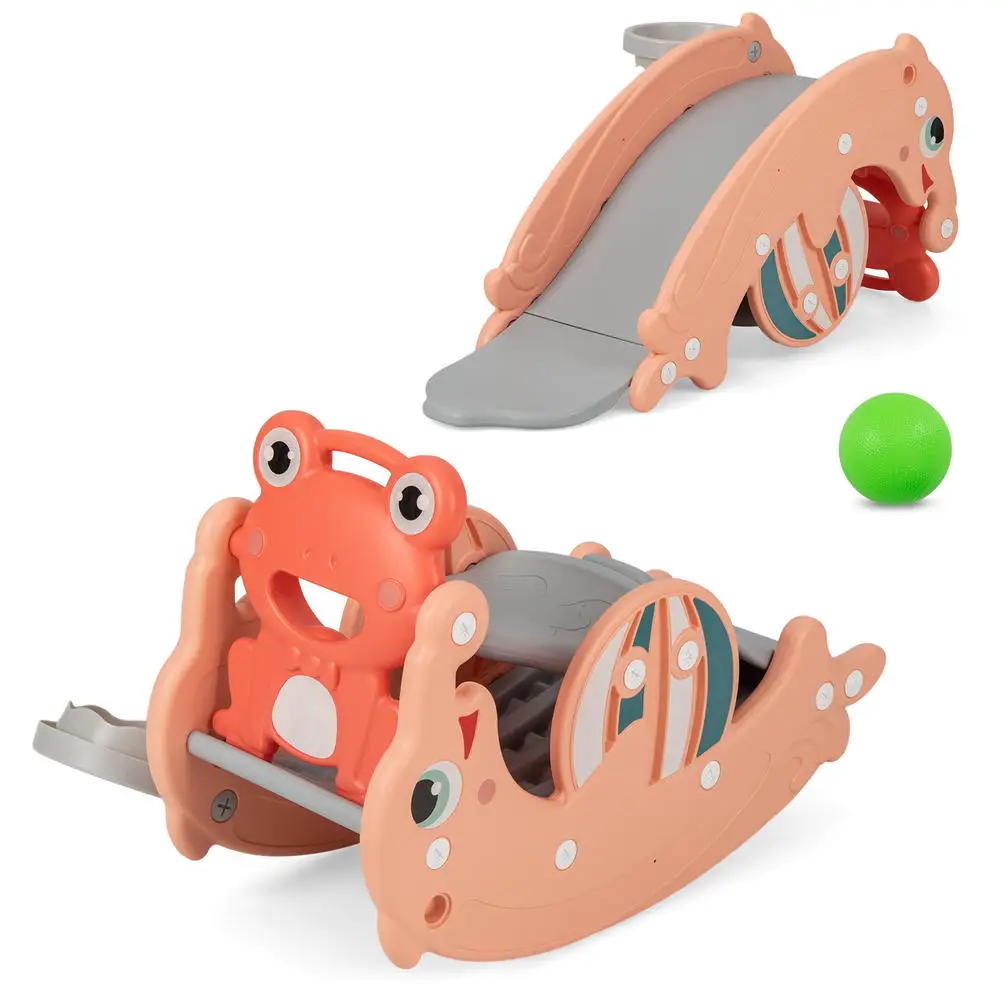 3-in-1 Kids Slide Rocking Horse Set Convertible Toddler Slide with Basketball Hoop-Pink