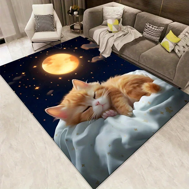 Sleeping Kitten Moonlight Night Design Area Rug, for Home Living Room and Bedroom Decor - Crystal Velvet Soft Floor Covering