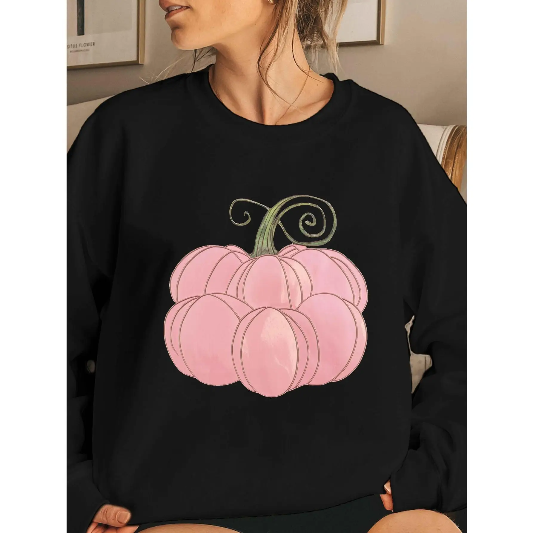 

Pink Pumpkin Graphic Sweatshirt for Women, Cute Autumn Fall Season Pullover, Thanksgiving Holiday Casual Crewneck Tops