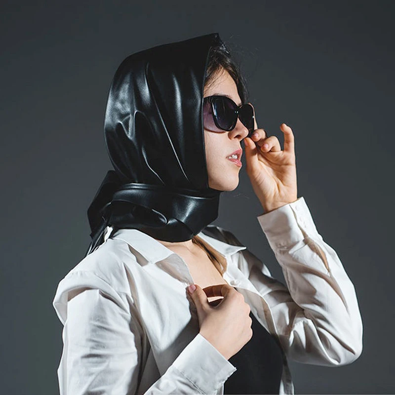 

2 pcs Womens Triangle Scarf Bandana Head Kerchief Warm Long Shawl Winter Black Wraps Large Scarves Faux Leather Headdress