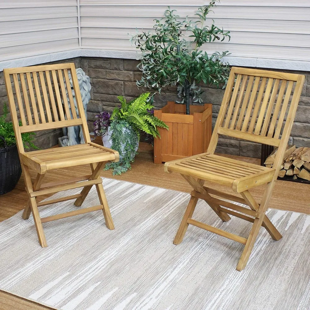 Solid Teak Outdoor Folding Dining Chairs - Light Wood Stain Finish - 2 Chairs